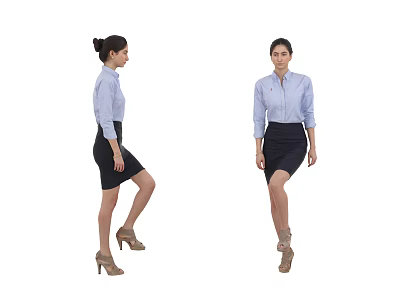 Woman in Blue Shirt and Black Skirt Posing with High Heels in Different Stances 3d model