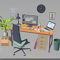 Modern Home Office Furniture Setup With Orange Desk Office Chair Drawer Cabinet And Green Plant