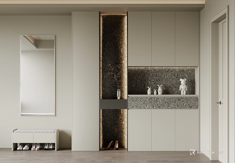 Elegant Modern Shoe Cabinet With Mirror Wall Decor And Marble Countertop Lighting 3d model 