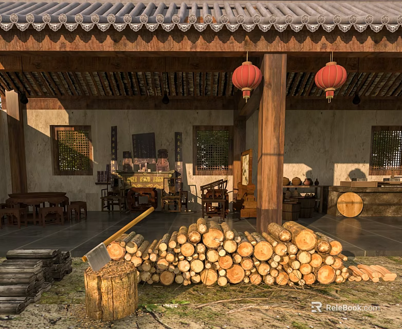 Chinese Style Wooden Swing Door In Traditional Courtyard With Red Lanterns And Firewood Stacks 3d model 