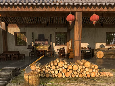 Chinese Style Wooden Swing Door In Traditional Courtyard With Red Lanterns And Firewood Stacks 3d model