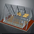 Modern Architectural Structure With Metal Grid Yellow Seats And Red Base Design