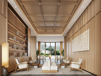 Modern Lobby Interior Featuring Wooden Walls Ceiling Large Windows Greenery Sofa Chairs And Decorative Painting 3d model