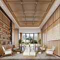 Modern Lobby Interior Featuring Wooden Walls Ceiling Large Windows Greenery Sofa Chairs And Decorative Painting