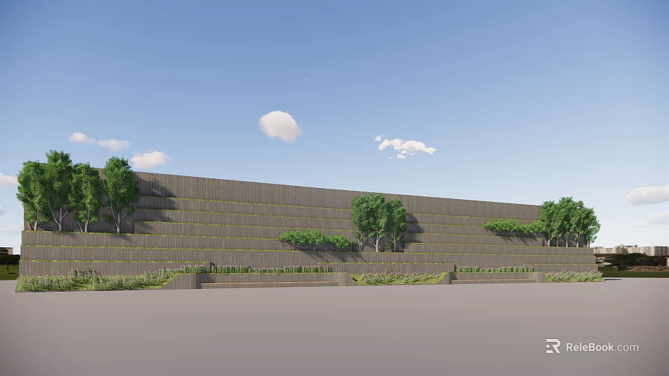 Landscape Wall With Layered Structure Green Trees And White Clouds Under Blue Sky 3d model 