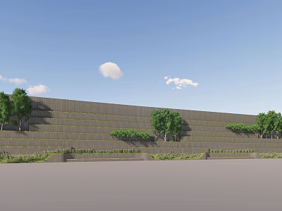 Landscape Wall With Layered Structure Green Trees And White Clouds Under Blue Sky 3d model