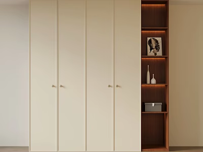 Modern White Wardrobe With Gold Handles And Wooden Shelf With Lighting And Decorative Items 3d model