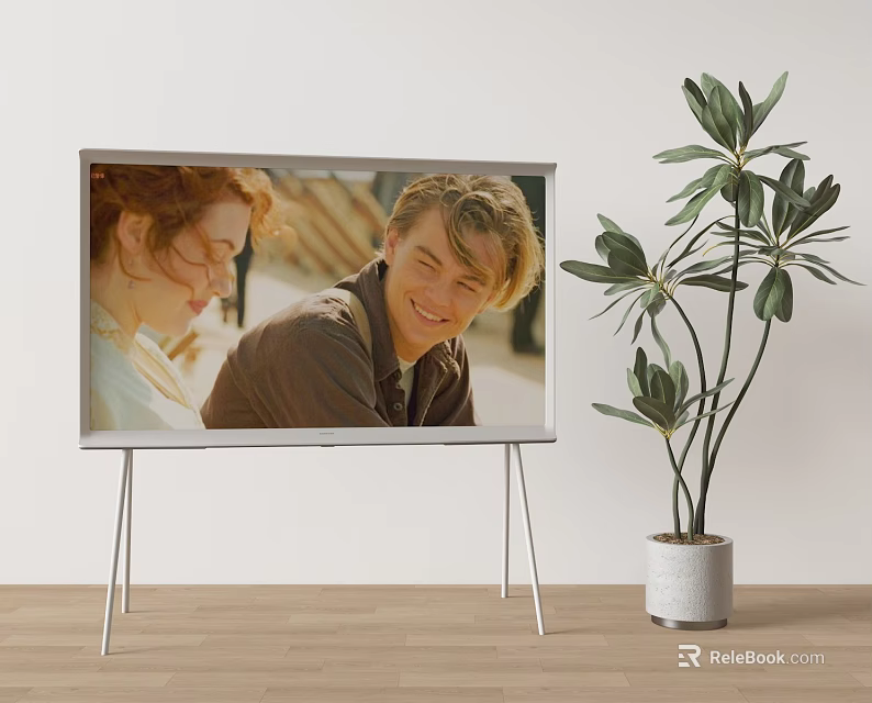 TV On Stand Shows Movie In Minimalist Room With Plant 3d model 