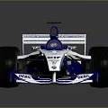 Blue and White Single Seater Racing Car With Sponsor Logos And Rear Wing