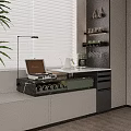 Bay Window Cabinet with Laptop Wine Rack Coffee Machine Green Plant and White Countertop