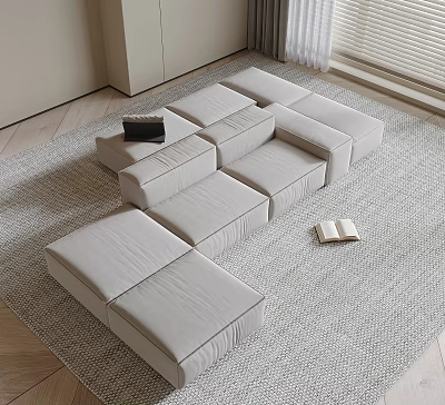Beige Modular Sofa in Modern Minimalist Living Room with Light Rug Wooden Floor Open Book 3d model