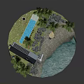 Cartoon Scene With Small House Green Trees Pond And Rocky Ground