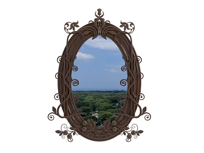 Oval Mirror with Ornate Carved Frame Reflecting Blue Sky White Clouds and Green Trees 3d model