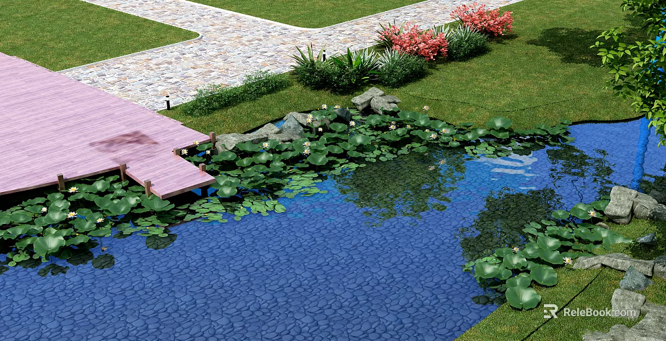 Waterside Landscape With Pond Water Lilies Wooden Deck And Greenery 3d model 