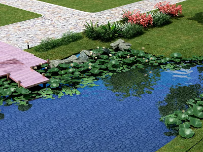 Waterside Landscape With Pond Water Lilies Wooden Deck And Greenery 3d model