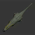 Green Dinosaur Model With Yellow Stripes Spikes On Back Open Mouth And Red Markings