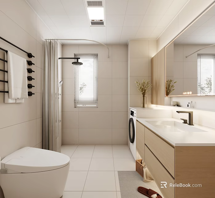 Modern Bathroom Interior With White Tiles Shower Area Toilet Wooden Vanity Mirror And Plant 3d model 