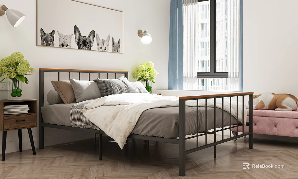 Modern Double Bed with Metal Frame Gray Bedding Pillows Nightstand and Dog Wall Art 3d model 
