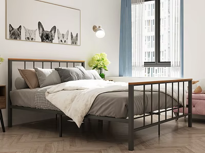 Modern Double Bed with Metal Frame Gray Bedding Pillows Nightstand and Dog Wall Art 3d model