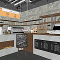 Modern Café Interior With Displayed Artwork Menu Coffee Machines Shelves And Cash Register