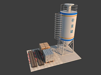 Road Construction Facilities Including Mortar Silo Wooden Pallets and Metal Bars at Construction Site 3d model