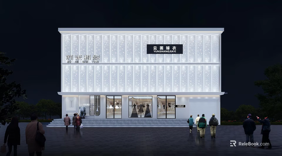 Illuminated White Storefront Facade of Clothing Shop With Signboard and People at Night 3d model 