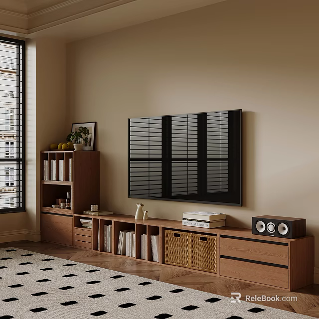 Wooden TV Stand with Rattan Baskets Books and Speakers in Modern Living Room 3d model 