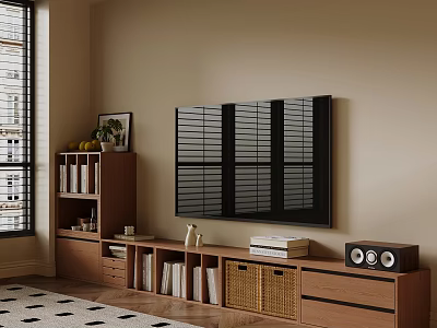 Wooden TV Stand with Rattan Baskets Books and Speakers in Modern Living Room 3d model