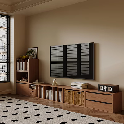 Wooden TV Stand with Rattan Baskets Books and Speakers in Modern Living Room 3d model