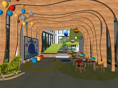 Elevator Corridor With Wooden Curved Structure Colorful Balloons Swings And Playful Seating Area 3d model
