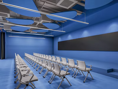 Modern Conference Room With Blue Walls White Chairs Large Screen And Ceiling Design 3d model