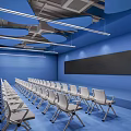 Modern Conference Room With Blue Walls White Chairs Large Screen And Ceiling Design