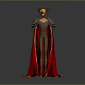 Mysterious Game Movie Character With Bird Like Hat Armored Shoulders Red Cape And Golden Trim