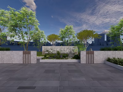 Scenic Feature Wall Design With Green Plants Trees And Stone Pavement Under Blue Sky 3d model