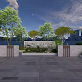 Scenic Feature Wall Design With Green Plants Trees And Stone Pavement Under Blue Sky