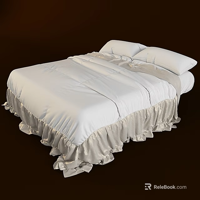 Cozy Double Bed With White Bedding Ruffled Edges And Soft Pillows 3d model 