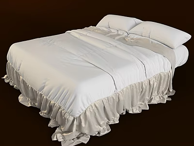 Cozy Double Bed With White Bedding Ruffled Edges And Soft Pillows 3d model