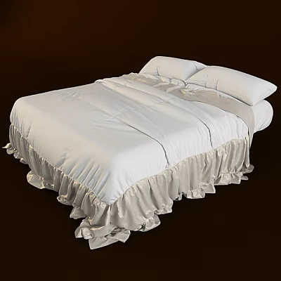 Cozy Double Bed With White Bedding Ruffled Edges And Soft Pillows 3d model