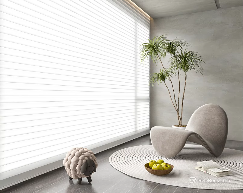 White Window Blinds Filtering Natural Light In Modern Interior With Curved Armchair And Palm Plant 3d model 