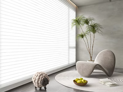 White Window Blinds Filtering Natural Light In Modern Interior With Curved Armchair And Palm Plant 3d model