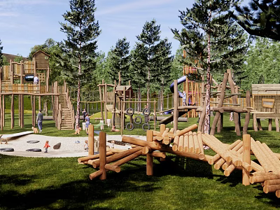 Outdoor Children's Playground With Log Climbing Structures Slide Green Lawn And Surrounding Trees 3d model