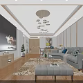 Modern Living and Dining Room Interior With Large TV Wall Gray Sofa And Patterned Rug