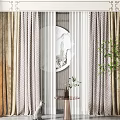 Traditional Chinese Style Curtains With Beige Grey Velvet Round Mirror And Potted Plant