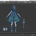Game Movie Character With Blue White Hair Green Outfit Holding Golden Sword Purple Accessory