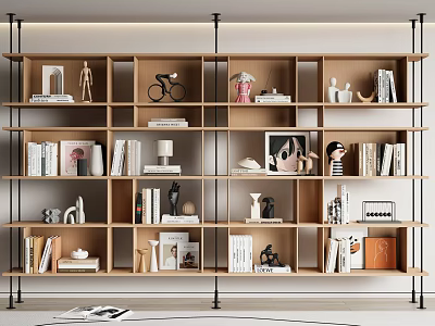 Modern Wooden Display Shelf Unit With Books Decorative Figurines And Bicycle Model In Home Interior 3d model
