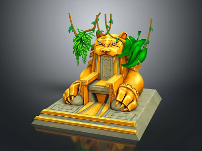 Golden Sphinx Sculpture With Green Branches Leaves And Stone Base 3d model