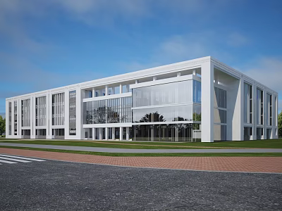 Modern White Building Exterior With Glass Curtain Wall Lawn And Road 3d model