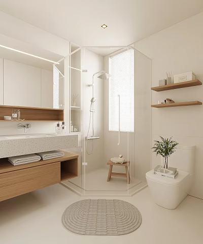 Modern Bathroom Interior With Wooden Vanity Mirror Glass Shower Shelves And Potted Plant 3d model