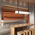 Modern Café Interior With Exposed Brick Wall Wooden Bar Counter Pendant Lights And Seating Stools