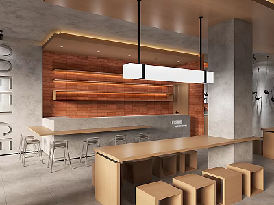 Modern Café Interior With Exposed Brick Wall Wooden Bar Counter Pendant Lights And Seating Stools 3d model